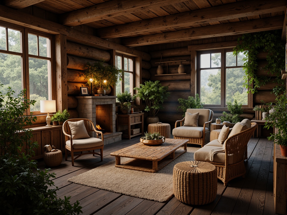 Prompt: Rustic wooden cabin, natural stone walls, earthy tones, reclaimed wood accents, woven wicker furniture, plush greenery, vines crawling up walls, warm candlelight, cozy fireplace, crackling sounds, organic textures, earthy aromas, serene forest surroundings, misty morning atmosphere, soft diffused lighting, 1/1 composition, intimate close-up shots, realistic material rendering.