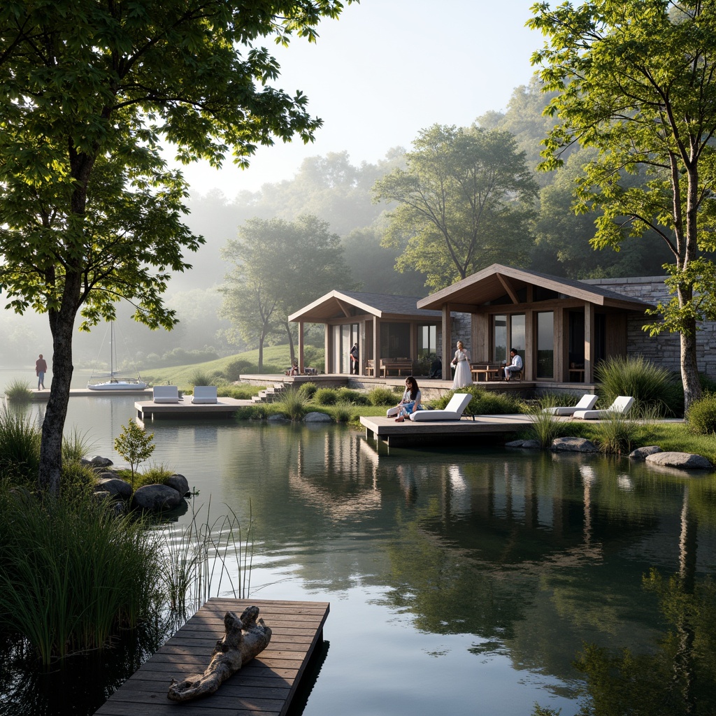 Prompt: \Soothing lakefront architecture, serene water reflections, lush greenery, natural stone walls, wooden docks, sailboats, calm misty mornings, soft warm lighting, shallow depth of field, 3/4 composition, panoramic view, realistic textures, ambient occlusion, earthy tones, blues and greens color palette, weathered wood accents, rustic metal details, cozy cabin-inspired design, nautical elements, driftwood decorations, lake-inspired sculptures.\