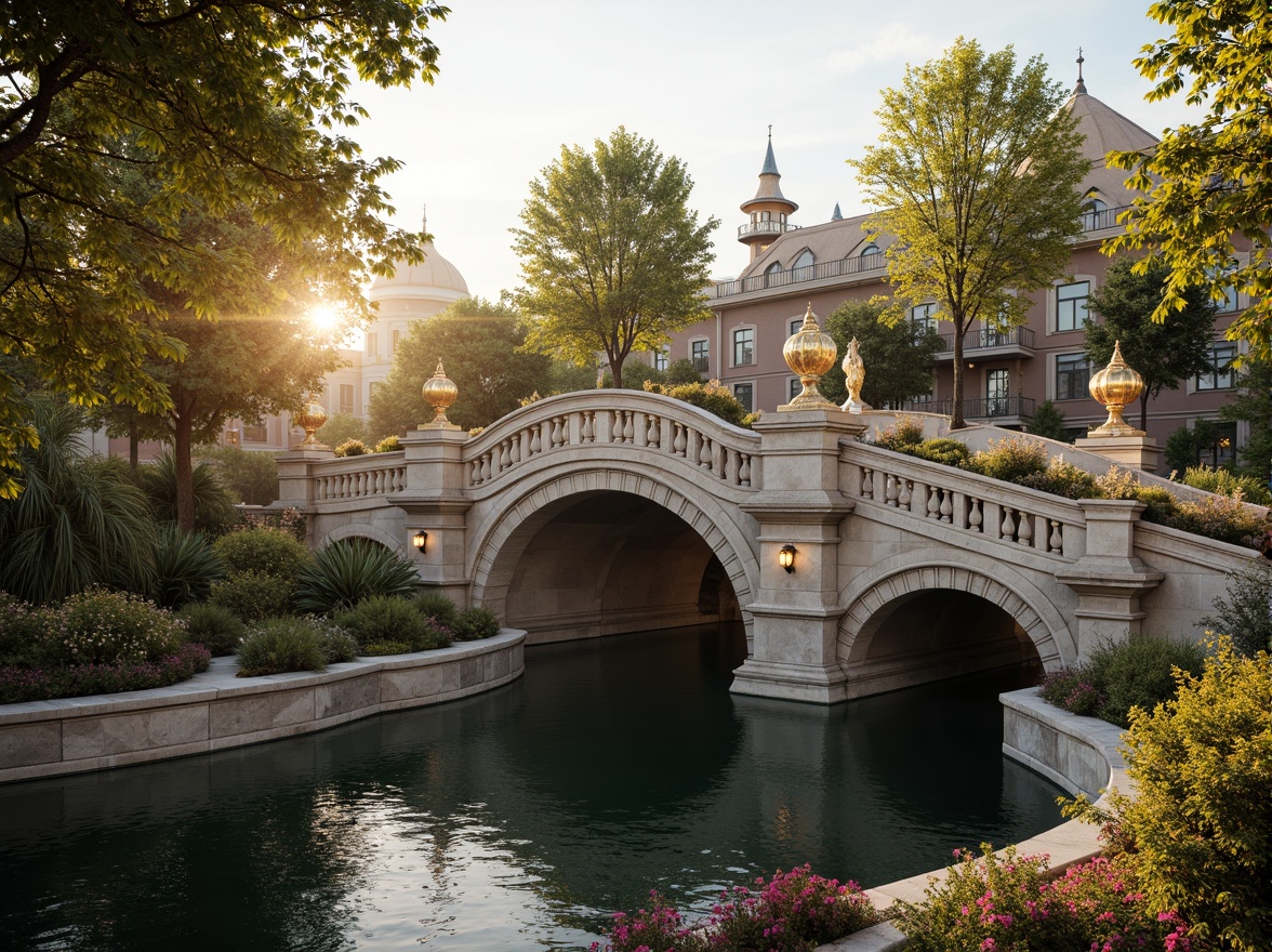 Prompt: Ornate bridge, grandiose arches, intricately carved stone balustrades, gilded accents, ornamental lanterns, majestic river views, serene water reflections, lush greenery, vibrant flowers, natural stone piers, decorative iron railings, Baroque-inspired architecture, sweeping curves, dramatic lighting, warm golden tones, shallow depth of field, 1/2 composition, realistic textures, ambient occlusion.