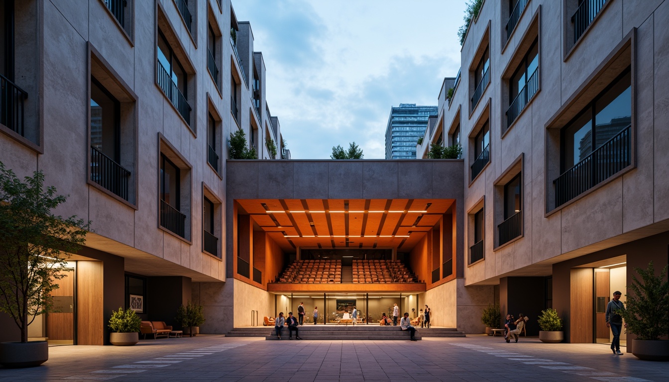 Prompt: Geometric auditorium facade, asymmetrical composition, rectangular windows, industrial metal frames, raw concrete walls, minimalist ornamentation, functionalist design, bold color accents, dramatic lighting effects, high ceilings, open floor plan, flexible seating arrangements, acoustic panels, wooden flooring, brutalist architecture, urban cityscape, cloudy day, softbox lighting, 1/2 composition, realistic materials, ambient occlusion.