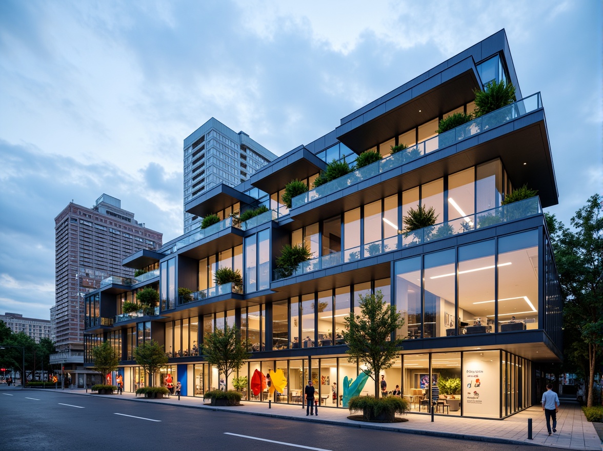 Prompt: Modern international school facade, sleek glass curtain walls, minimalist metal frames, cantilevered roofs, open-air balconies, vibrant colorful accents, geometric patterns, abstract sculptures, lush greenery, tropical plants, natural stone cladding, steel beams, exposed ductwork, industrial chic aesthetic, urban cityscape background, cloudy blue sky, soft diffused lighting, shallow depth of field, 2/3 composition, realistic textures, ambient occlusion.