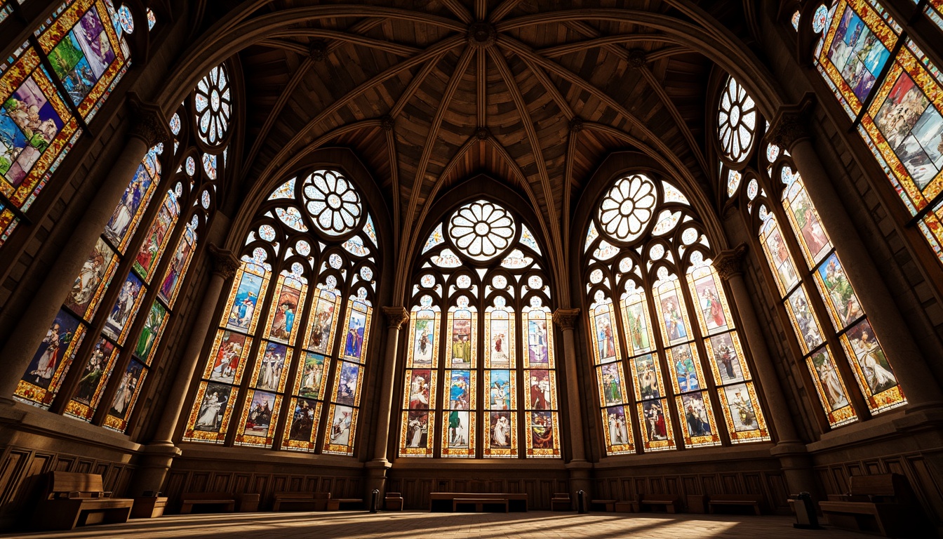 Prompt: Vibrant stained glass windows, intricate Gothic arches, ornate stone carvings, majestic cathedrals, kaleidoscope colors, refracted light, dramatic shadows, mystical ambiance, sacred atmosphere, ornamental tracery, ribbed vaults, flying buttresses, grandiose scale, rich textures, warm golden lighting, soft focus, 1/2 composition, symmetrical framing, realistic reflections.