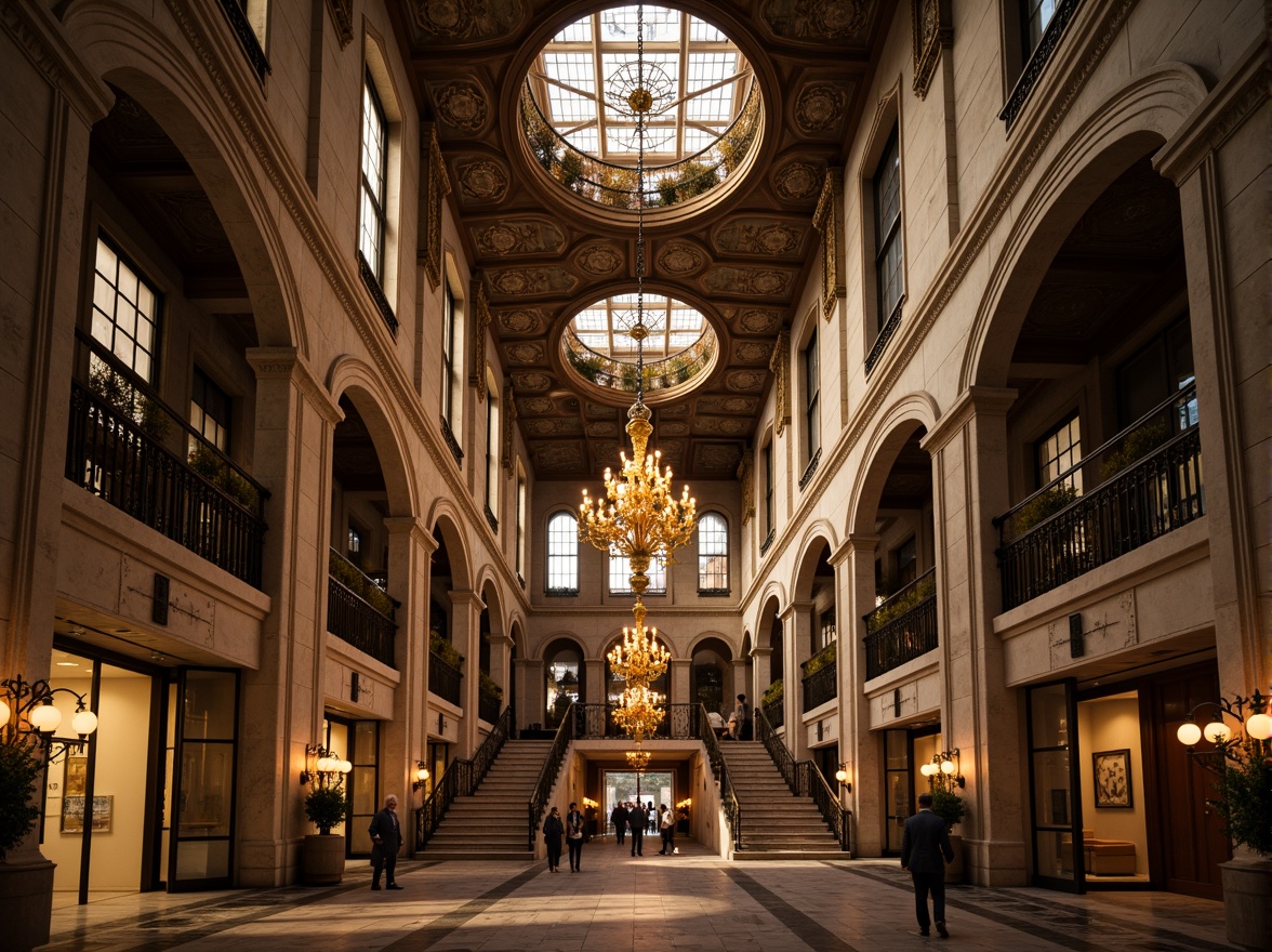 Prompt: Grandiose skyscraper, Romanesque archways, ornate carvings, intricate stone patterns, majestic columns, vaulted ceilings, grand entrance halls, sweeping staircases, luxurious chandeliers, stained glass windows, warm golden lighting, dramatic shadows, 1/1 composition, low-angle shot, cinematic atmosphere, realistic textures, ambient occlusion.