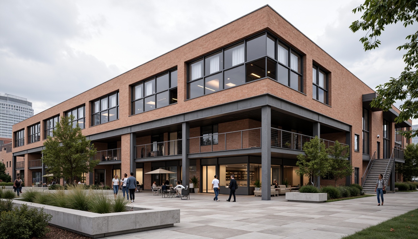 Prompt: Exposed brick walls, industrial metal frames, large glass windows, minimalist signage, modern warehouse architecture, streamlined facade, neutral color palette, urban cityscape, cloudy day, soft natural lighting, shallow depth of field, 2/3 composition, realistic textures, ambient occlusion, functional design elements, steel beams, concrete floors, reclaimed wood accents, industrial chic decor, sleek metal railings, minimalist landscaping.