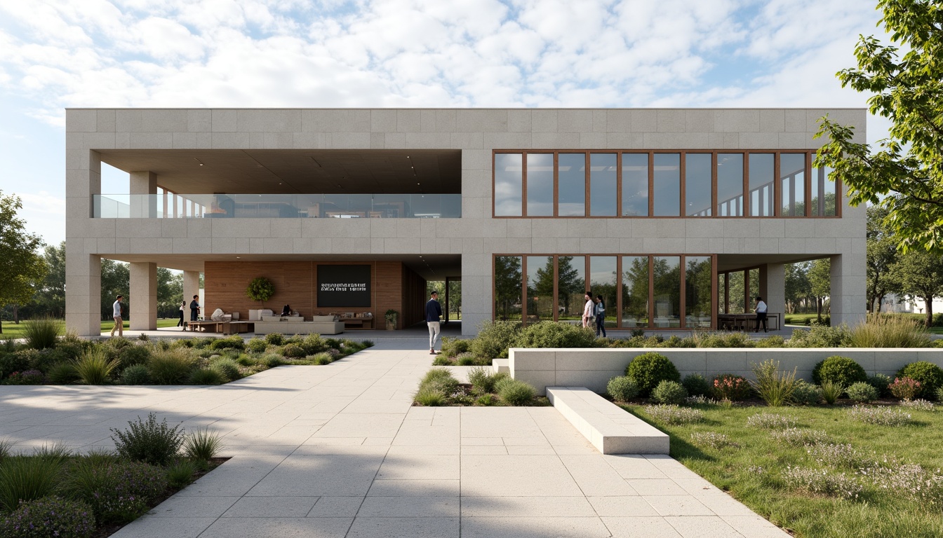 Prompt: Simple visitor center, minimalist facade, clean lines, monochromatic color scheme, natural stone walls, large glass windows, sliding doors, open floor plan, minimal ornamentation, functional design, subtle branding, wooden accents, neutral tones, abundant natural light, soft shadows, shallow depth of field, 1/1 composition, realistic textures, ambient occlusion, serene surroundings, lush greenery, walking trails, scenic views.