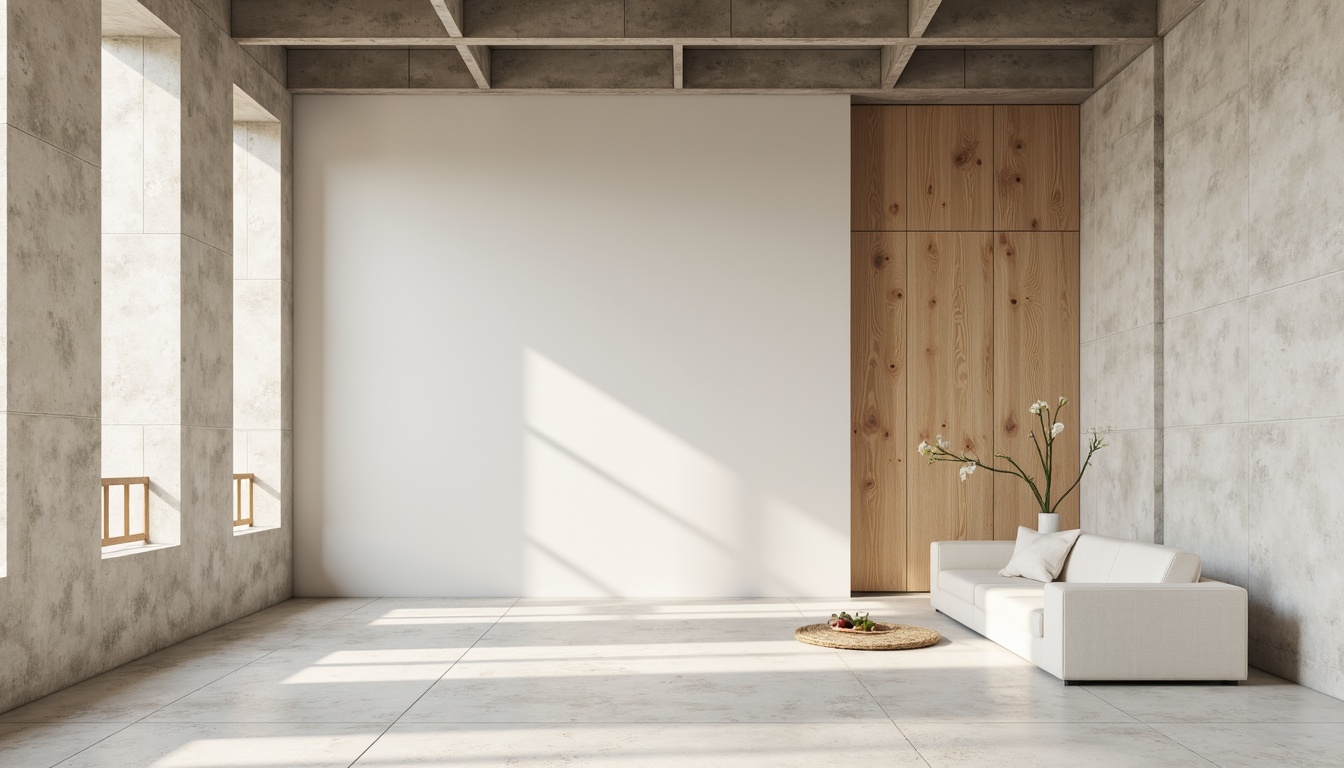 Prompt: Monochromatic minimalism, clean lines, simple shapes, neutral tones, soft whites, creamy beiges, pale grays, industrial materials, concrete walls, steel beams, wooden accents, natural textures, subtle patterns, ambient lighting, soft shadows, 1/1 composition, realistic renderings, atmospheric perspective.