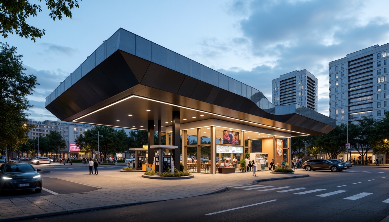 Prompt: Modern gas station, futuristic fusion architecture, sleek metal canopy, LED lighting, angular lines, minimalist design, functional layout, fuel pumps, payment terminals, convenience store, glass fa\u00e7ade, steel beams, industrial materials, urban landscape, busy streets, cityscape, warm evening light, shallow depth of field, 1/1 composition, realistic textures, ambient occlusion.