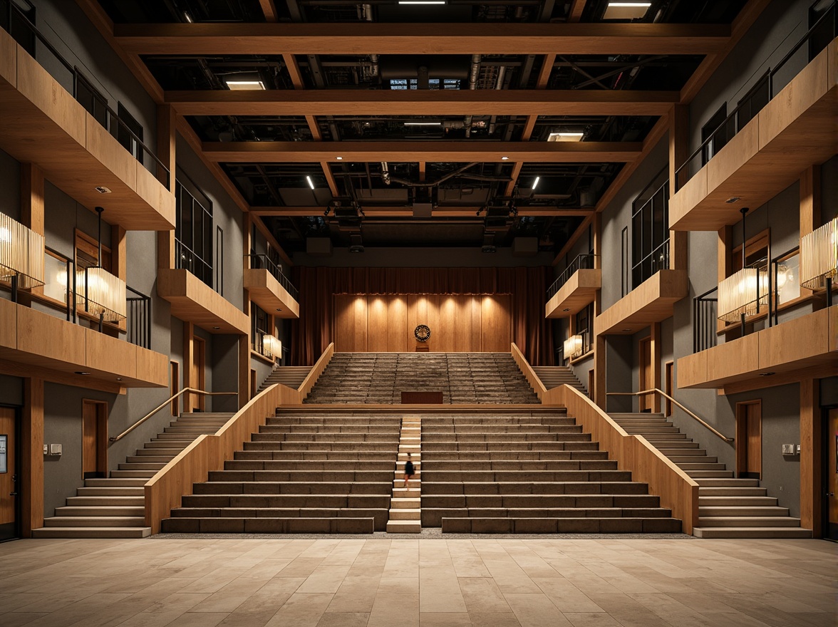 Prompt: Bauhaus-style auditorium, rectangular shape, minimalist design, industrial materials, exposed ductwork, concrete floors, steel beams, wooden accents, geometric patterns, functional lighting, adjustable acoustic panels, sound-absorbing materials, tiered seating, curved balconies, grand staircase, dramatic chandeliers, warm color scheme, natural textiles, urban atmosphere, soft box lighting, 1/2 composition, realistic reflections, ambient occlusion.