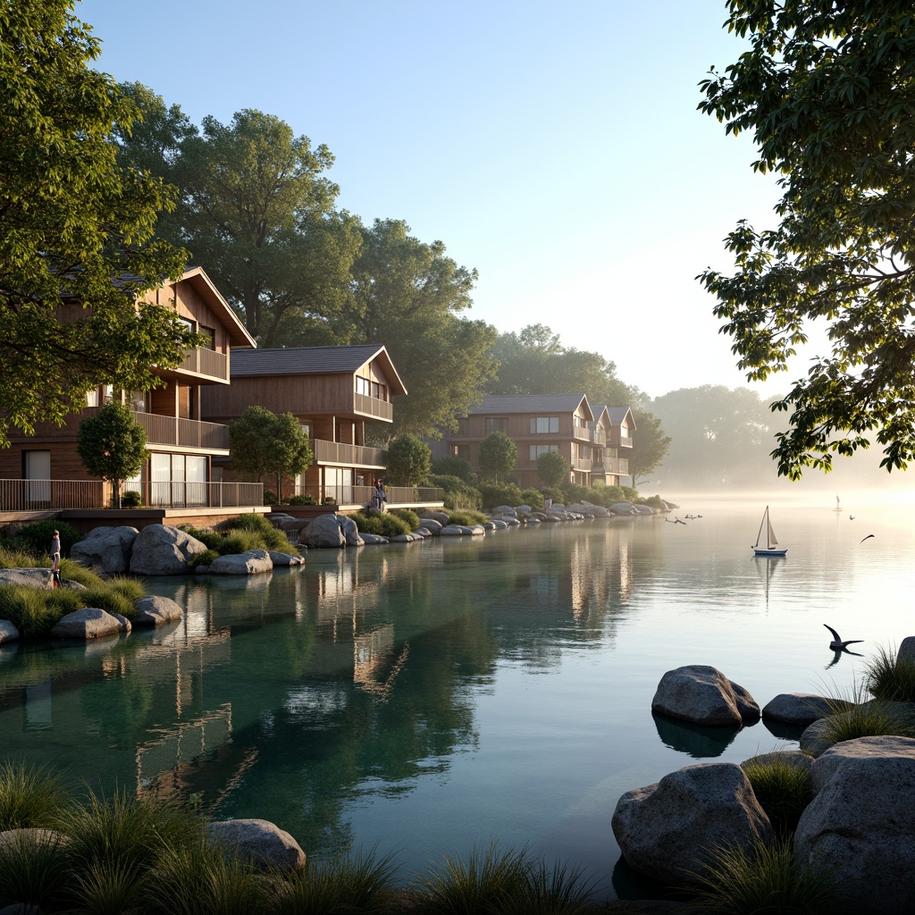 Prompt: \Soothing lakefront architecture, serene water reflections, lush greenery, weathered wood accents, natural stone foundations, earthy tone buildings, soft misty mornings, warm golden lighting, shallow depth of field, 1/1 composition, panoramic view, realistic textures, ambient occlusion, calming blue hues, gentle wave patterns, rustic wooden docks, sailboat silhouettes, seagull cries, tranquil atmosphere.\