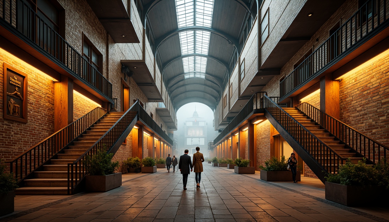 Prompt: Vibrant train station, expressionist architecture, bold geometric shapes, contrasting colors, warm golden lighting, industrial metal beams, distressed brick walls, ornate ironwork, grand staircases, intricate mosaics, eclectic art deco patterns, rich wood accents, vintage luggage carts, nostalgic steam engine details, atmospheric foggy day, dramatic shadows, cinematic low-angle shot, 1/2 composition, moody warm color grading, realistic textures, ambient occlusion.