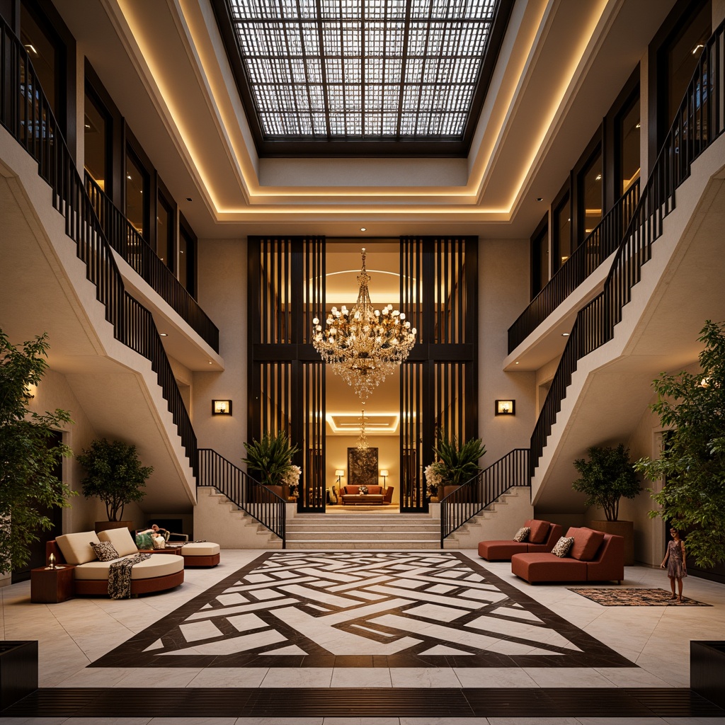 Prompt: Luxurious villa, symmetrical facade, geometric patterns, ornate metalwork, lavish decorations, opulent furnishings, grand entrance, sweeping staircases, elegant chandeliers, rich textiles, bold color schemes, metallic accents, sleek lines, minimalist ornamentation, refined proportions, balanced composition, central axis, radial symmetry, 1/1 aspect ratio, low-angle shot, warm golden lighting, soft focus, subtle shadows.