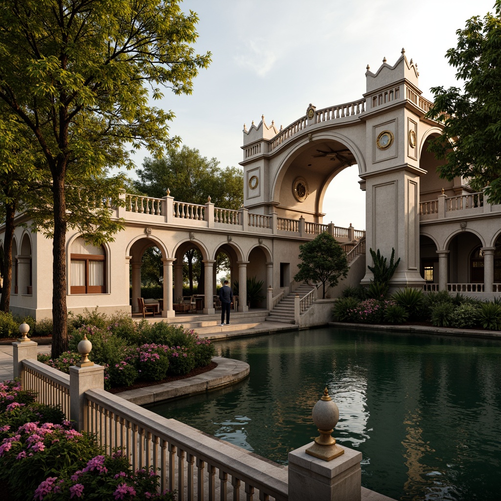 Prompt: Ornate bridge, grandiose arches, intricately carved stone balustrades, gilded accents, ornamental lanterns, majestic river views, serene water reflections, lush greenery, vibrant flowers, natural stone piers, decorative iron railings, sweeping curves, dramatic lighting, warm golden tones, high contrast shadows, 1/2 composition, atmospheric perspective, realistic textures, ambient occlusion.