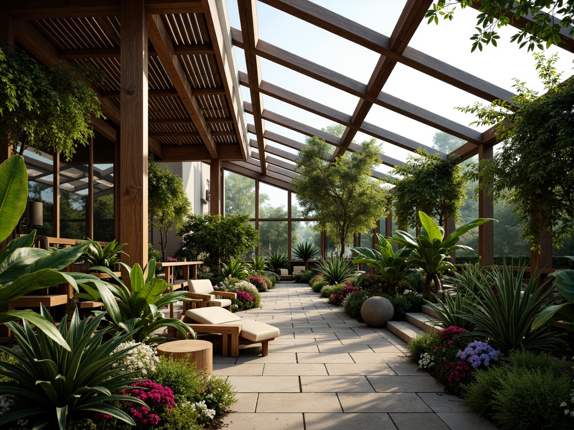 Prompt: Lush tropical plants, exotic flowers, natural stone pathways, wooden trellises, glass roofs, clerestory windows, skylights, solar tubes, reflective interior surfaces, diffused soft lighting, warm ambiance, organic textures, earthy color palette, serene atmosphere, 1/1 composition, shallow depth of field, realistic renderings, ambient occlusion.