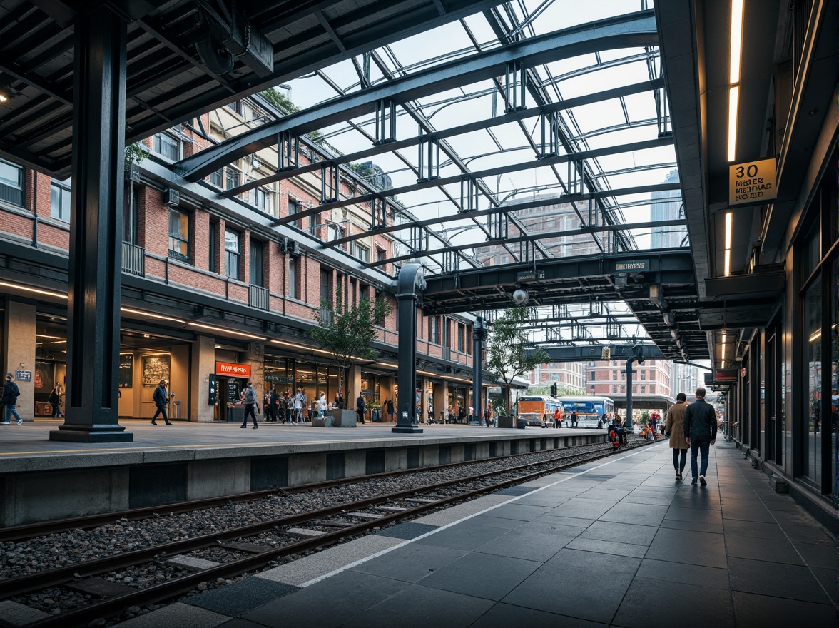 Prompt: Modern train station, steel framework, industrial aesthetic, exposed ductwork, metallic beams, sleek glass roofs, cantilevered canopies, urban landscape, bustling atmosphere, morning rush hour, natural light pouring in, shallow depth of field, 1/2 composition, realistic reflections, ambient occlusion, detailed textures, vibrant city sounds.