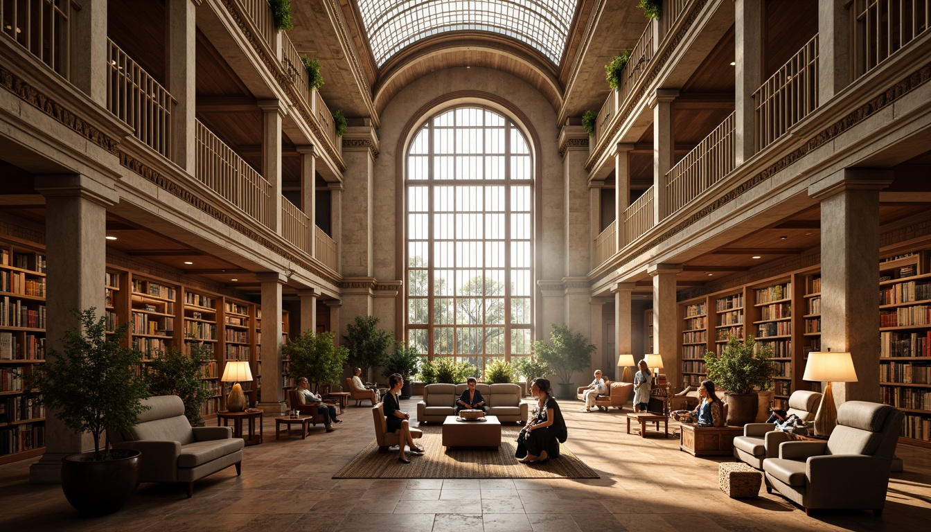 Prompt: Grandiose library, Renaissance Revival style, ornate stone fa\u00e7ade, arched windows, stained glass ceilings, high vaulted roofs, natural light pouring in, warm beige walls, rich wood accents, elegant reading rooms, comfortable seating areas, floor lamps, table lamps, soft warm lighting, shallow depth of field, 3/4 composition, panoramic view, realistic textures, ambient occlusion.