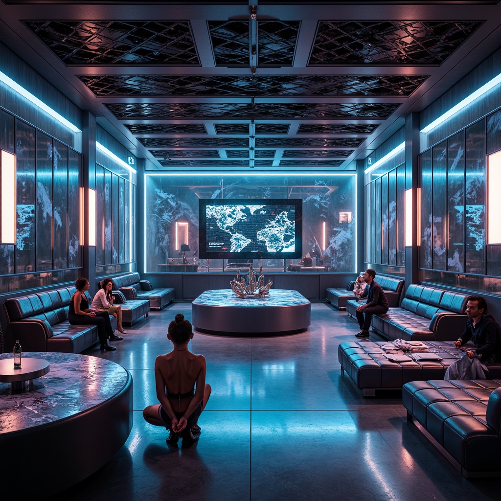 Prompt: Futuristic interior, metallic surfaces, neon-lit accents, iridescent glass panels, holographic displays, sleek carbon fiber furniture, high-gloss finishes, LED lighting strips, translucent acrylic walls, minimalist decor, avant-garde sculptures, futuristic gadgets, virtual reality interfaces, cyberpunk-inspired color schemes, dark ambient lighting, shallow depth of field, 1/1 composition, cinematic camera angles, realistic reflections, advanced material textures.