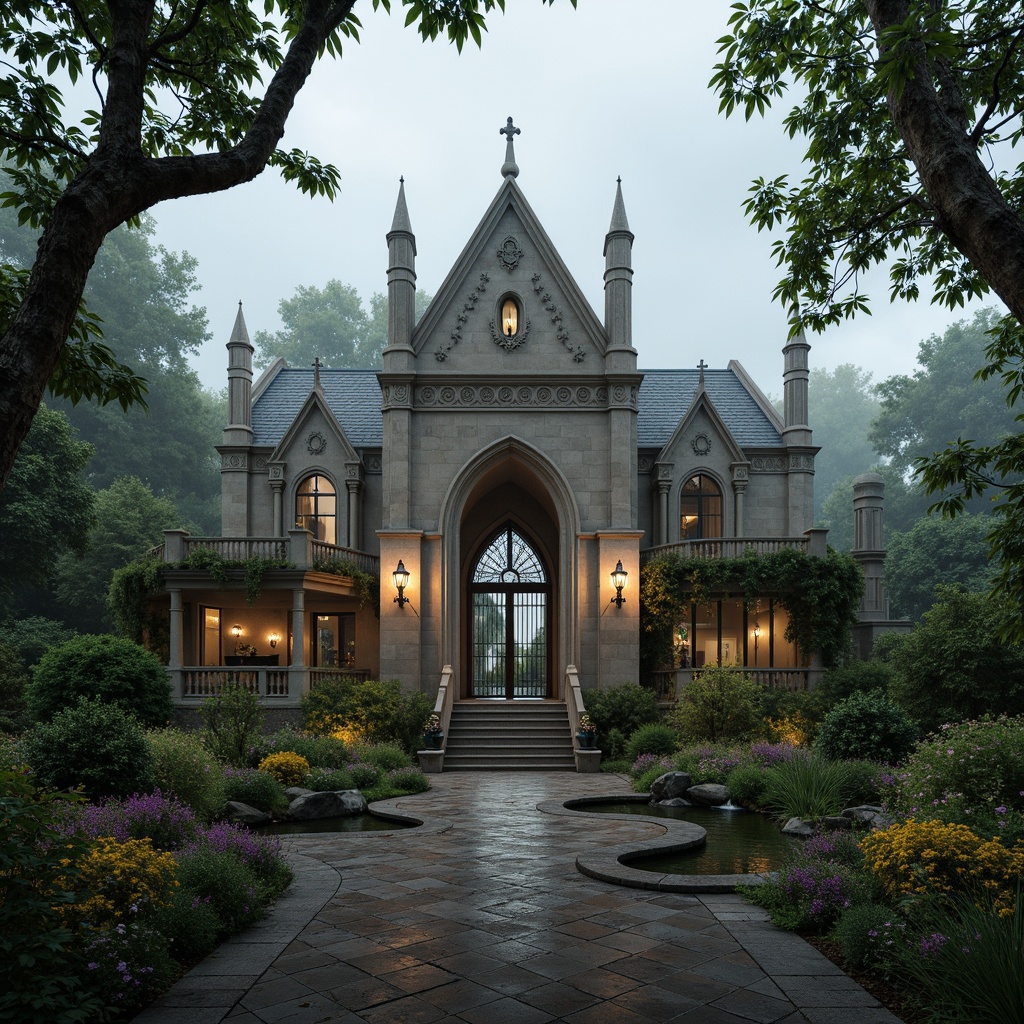 Prompt: Majestic villa, Gothic architectural style, grandiose entrance gates, ornate stone carvings, mystical forest surroundings, twisted tree branches, misty atmosphere, soft warm lighting, shallow depth of field, 3/4 composition, panoramic view, realistic textures, ambient occlusion, lush greenery, vibrant flowers, winding stone pathways, serene water features, rustic wooden bridges, mysterious fog effects, dramatic cloud formations, intricate stonework patterns, ornate metal decorations.