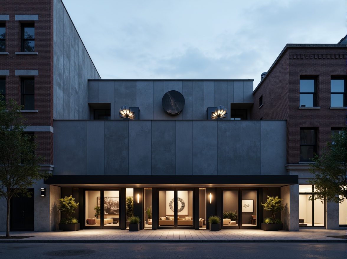 Prompt: Simple theater facade, minimalist architecture, clean lines, monochromatic color scheme, rectangular shapes, flat roofs, large glass windows, sliding doors, industrial materials, exposed concrete walls, subtle lighting, dramatic shadows, urban cityscape, evening atmosphere, soft box lights, 1/1 composition, realistic textures, ambient occlusion.