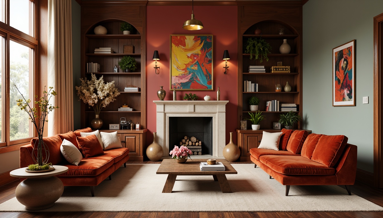 Prompt: Vibrant living room, bold accent walls, rich wood furniture, plush velvet sofas, metallic gold lighting fixtures, soft cream-colored carpets, natural stone fireplaces, earthy terracotta vases, warm beige curtains, eclectic artwork, abstract geometric patterns, moody atmospheric colors, dramatic shadows, 1/2 composition, cinematic lighting, realistic textures, ambient occlusion.