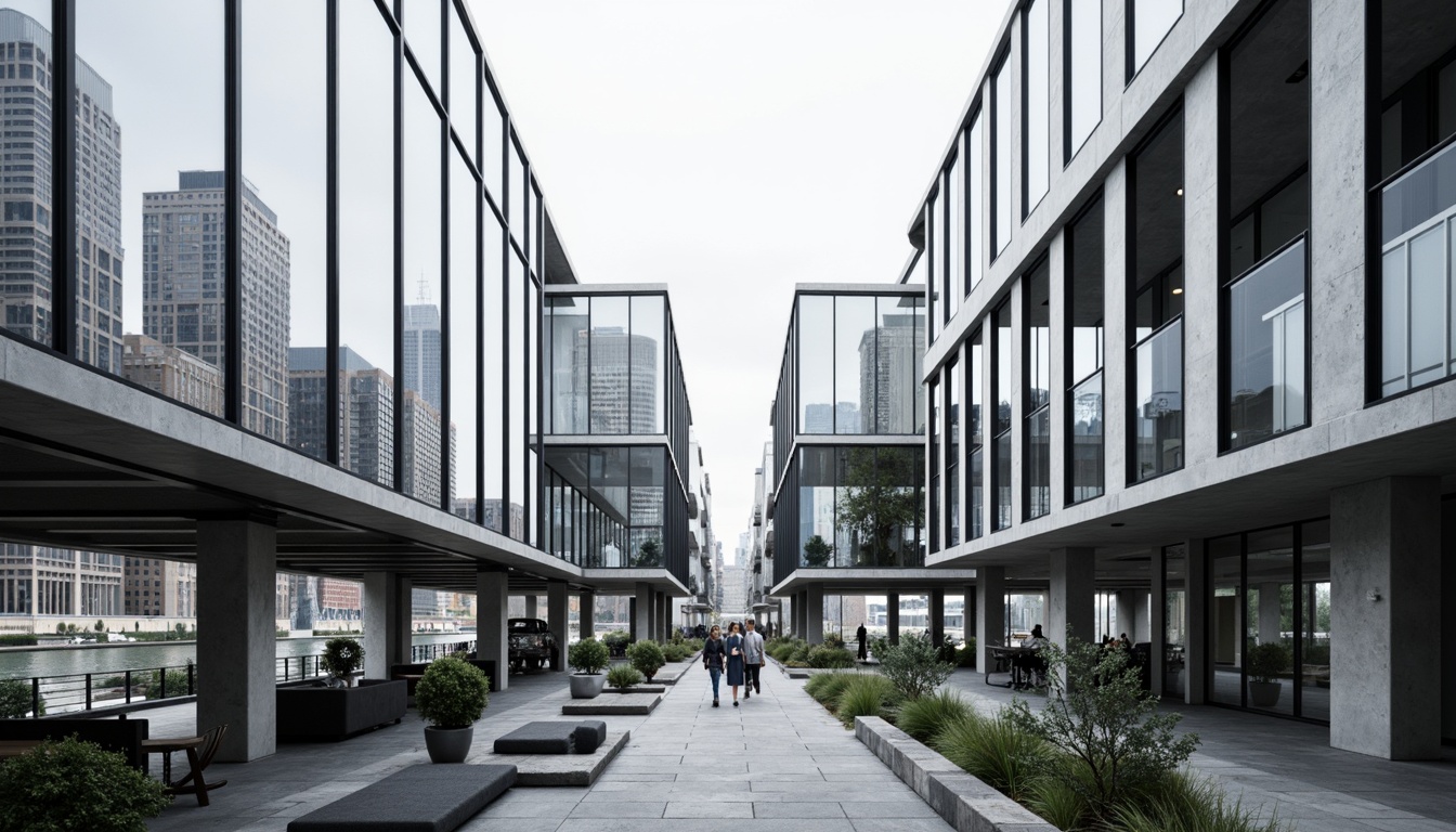 Prompt: Transparent glass facades, minimalist steel frames, open floor plans, industrial materials, exposed ductwork, functional simplicity, brutalist influences, urban cityscape, modern metropolitan backdrop, overcast skies, soft diffused lighting, shallow depth of field, 1/1 composition, realistic textures, ambient occlusion, sleek lines, geometric shapes, monochromatic color scheme, abstract patterns, futuristic ambiance.