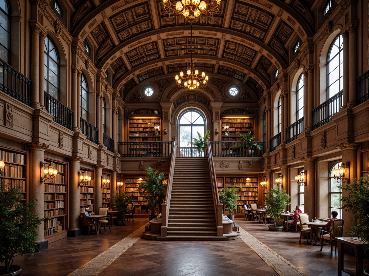 Prompt: Grandiose library facade, ornate Renaissance details, intricately carved stone columns, arched windows, rusticated quoins, symmetrical composition, grand entrance, sweeping staircases, opulent chandeliers, rich wood paneling, leather-bound books, vintage globes, warm golden lighting, soft focus, shallow depth of field, 2/3 composition, classical proportions, realistic textures, ambient occlusion.