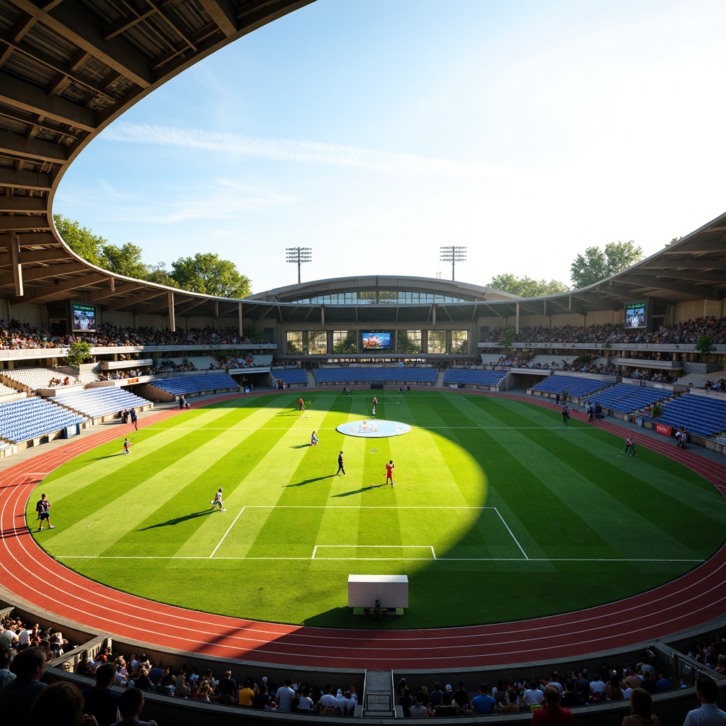 Prompt: Athletic track, lush green grass, vibrant sports equipment, goalposts, scoreboards, spectator stands, modern stadium architecture, curved lines, dynamic shapes, open spaces, natural ventilation, abundant sunlight, soft warm lighting, shallow depth of field, 3/4 composition, panoramic view, realistic textures, ambient occlusion, fluid player movement, efficient circulation paths, clear signage, intuitive wayfinding, accessible amenities, comfortable seating areas.