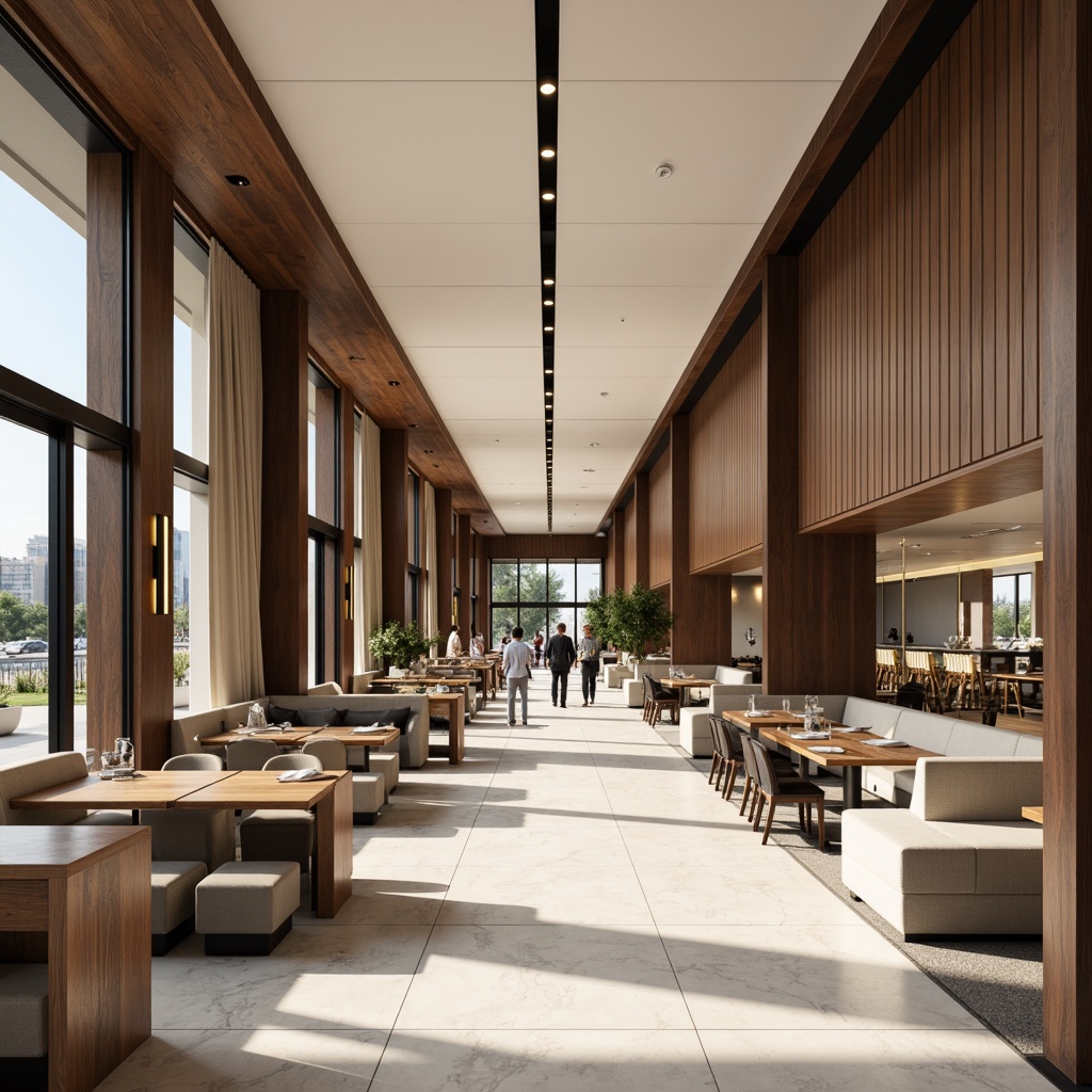 Prompt: Luxurious dining hall, rich wood tones, creamy whites, deep charcoal grays, warm beige accents, metallic gold fixtures, sleek marble floors, minimalist modern furniture, floor-to-ceiling windows, natural daylight, soft diffused lighting, 1/1 composition, shallow depth of field, realistic textures, ambient occlusion.