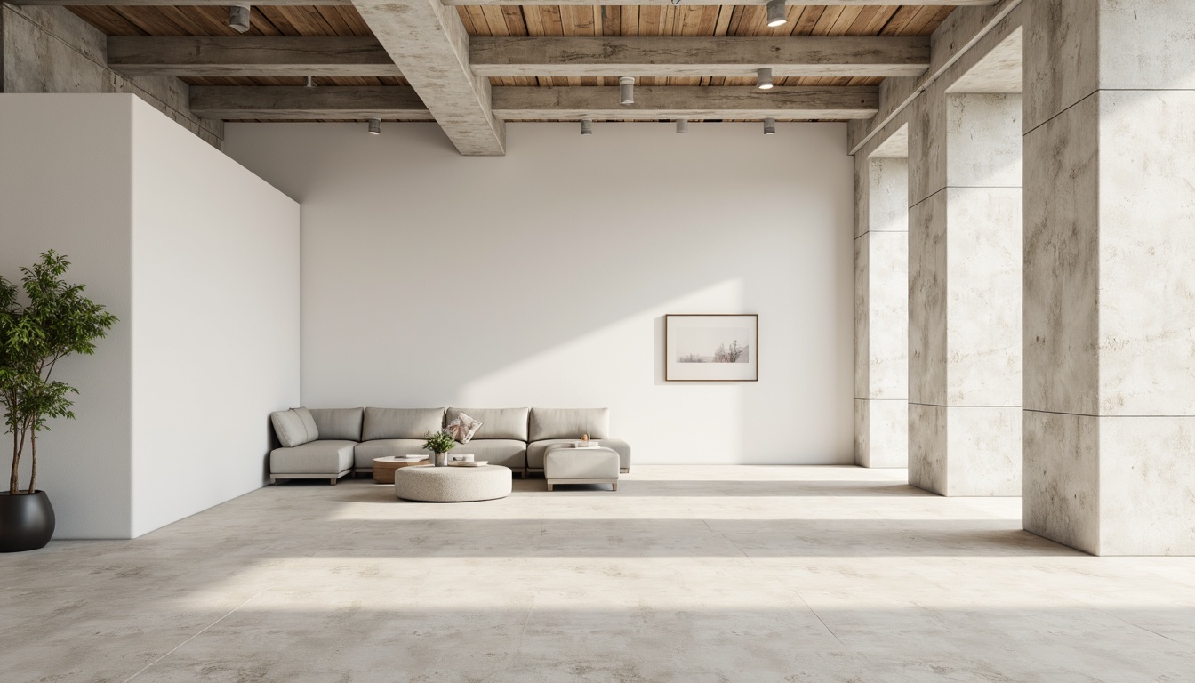 Prompt: Monochromatic minimalism, clean lines, simple shapes, neutral tones, soft whites, creamy beiges, pale grays, industrial materials, concrete walls, steel beams, wooden accents, natural textures, subtle patterns, ambient lighting, soft shadows, 1/1 composition, realistic renderings, atmospheric perspective.