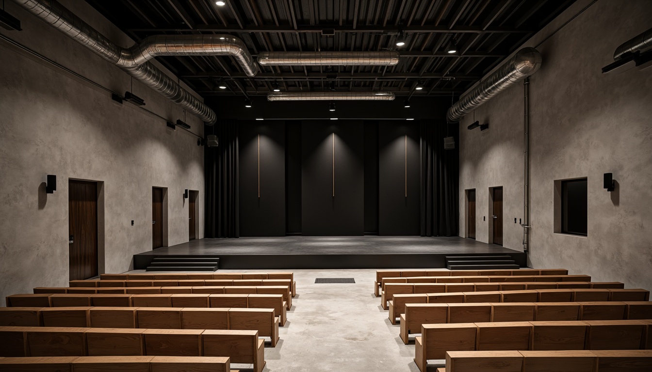 Prompt: Minimalist theater interior, concrete floors, industrial metal beams, exposed ductwork, simple wooden seats, sleek black stage, subtle LED lighting, dramatic spotlights, acoustic panels, sound-absorbing materials, neutral color palette, monochromatic tones, clean lines, minimal ornamentation, functional simplicity, urban loft atmosphere, high ceilings, open space, flexible seating arrangements, movable partitions, versatile performance areas, warm ambient glow, soft shadows, 1/1 composition, realistic textures, subtle reflections.