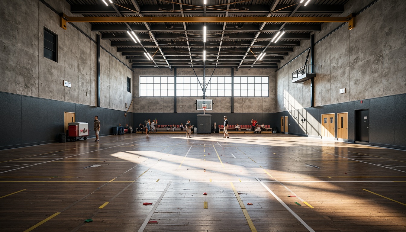 Prompt: Modern gymnasium interior, textured concrete walls, wooden flooring, metallic equipment, athletic tracks, basketball hoops, sports nets, spectator seating, natural light pouring in, large windows, industrial-style lighting, shallow depth of field, 1/1 composition, realistic textures, ambient occlusion, vibrant color accents, dynamic shadows, high-contrast lighting, dramatic atmosphere.