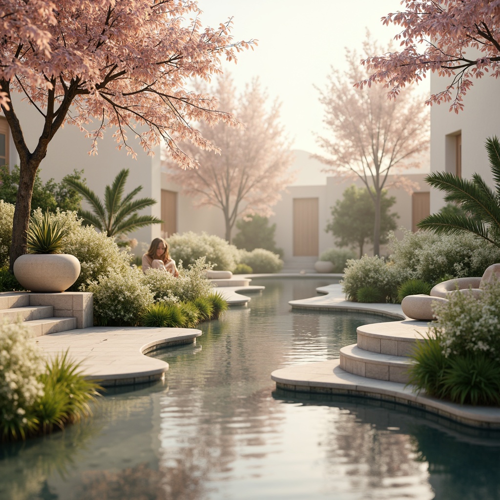 Prompt: Soft pastel hues, calming atmosphere, serene natural surroundings, gentle water features, lush greenery, blooming flowers, warm beige tones, creamy whites, pale blues, soothing mauves, earthy terracottas, subtle texture contrasts, organic shapes, minimalist composition, shallow depth of field, 1/1 aspect ratio, soft focus, warm golden lighting, realistic renderings.