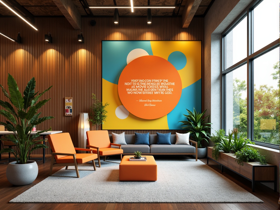 Prompt: Vibrant motivational space, bold typography, energetic orange hues, uplifting yellow accents, calming blue undertones, inspiring quotes, modern minimalist decor, sleek metallic frames, natural wood textures, abundant greenery, refreshing morning light, soft focus, shallow depth of field, 1/1 composition, realistic renderings, ambient occlusion.