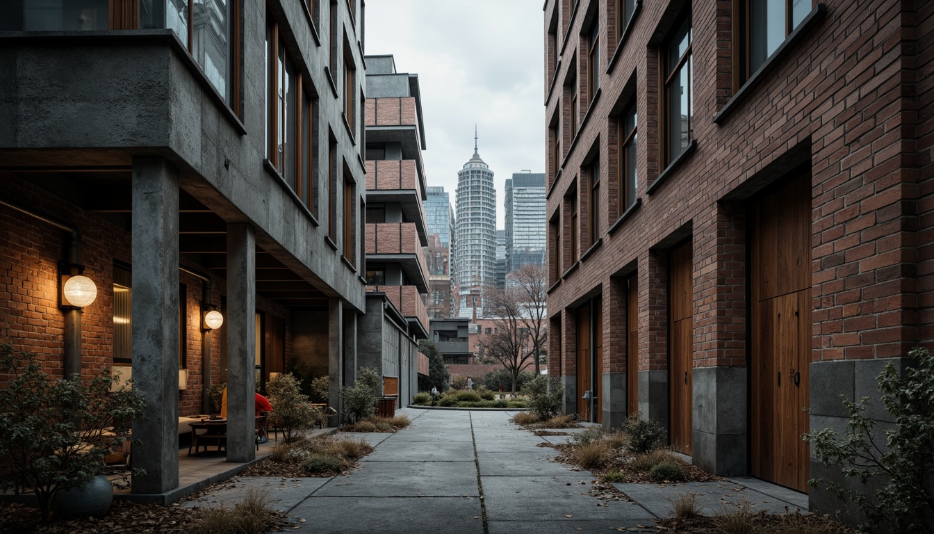 Prompt: Rough concrete walls, exposed ductwork, industrial metal beams, raw brick facades, distressed wood accents, brutalist fortress-like structures, rugged stone foundations, weathered steel surfaces, oxidized copper details, urban cityscape backdrop, overcast skies, dramatic shadows, high-contrast lighting, cinematic composition, gritty realistic textures, ambient occlusion.