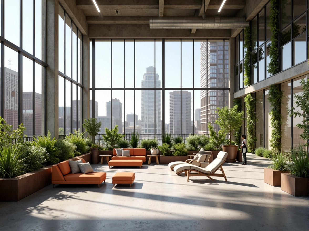 Prompt: Minimalist interior design, open floor plan, high ceilings, large windows, natural light pouring in, airy atmosphere, sleek modern furniture, polished concrete floors, industrial chic decor, urban loft ambiance, green walls, living plants, vertical gardens, spacious balconies, cityscape views, warm sunny day, soft diffused lighting, shallow depth of field, 1/1 composition, realistic textures, ambient occlusion.