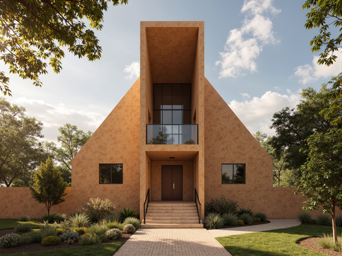 Prompt: Rustic constructivist church, cork exterior cladding, earthy tones, natural textures, geometric shapes, minimalist design, modernist architecture, sustainable building materials, eco-friendly construction, warm ambient lighting, soft diffused shadows, 1/1 composition, realistic renderings, subtle color palette, serene atmosphere, peaceful ambiance, spiritual setting.