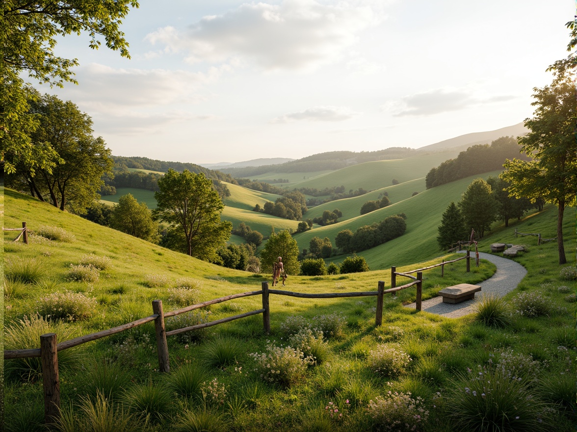 Prompt: Rolling hills, lush green grass, wildflowers, meandering pathways, rustic wooden fences, natural stone benches, serene atmosphere, warm sunlight, soft breeze, shallow depth of field, 3/4 composition, panoramic view, realistic textures, ambient occlusion, gentle slopes, scattered trees, native plant species, eco-friendly maintenance, sustainable irrigation systems, minimalist design, organic shapes, earthy color palette.