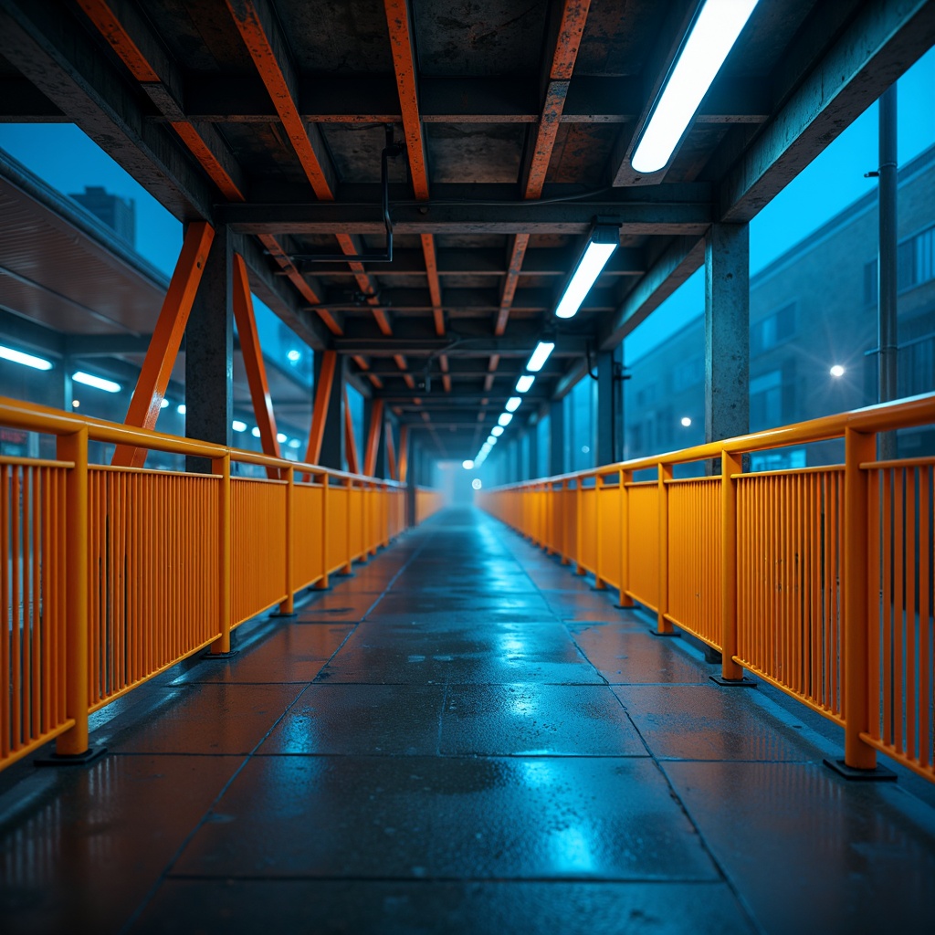 Prompt: Modern urban bridge, sleek metal structure, bold industrial colors, dark grey steel beams, bright orange accents, vibrant yellow safety rails, cool blue LED lighting, misty atmospheric effects, shallow depth of field, 1/1 composition, realistic metallic textures, ambient occlusion.