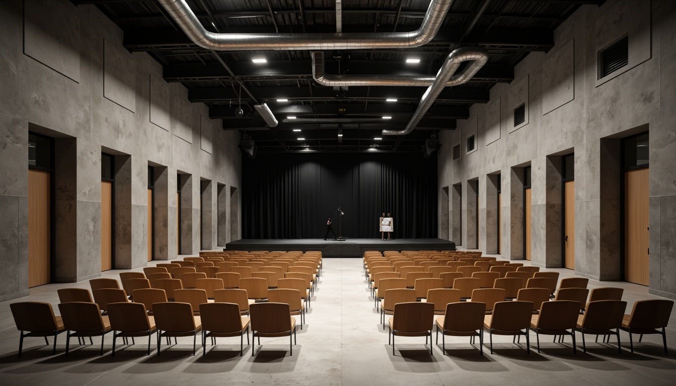 Prompt: Minimalist theater interior, concrete floors, industrial metal beams, exposed ductwork, simple wooden seats, sleek black stage, subtle LED lighting, neutral color palette, acoustic panels, sound-absorbing materials, minimalist decor, abstract artwork, modern architectural lines, functional simplicity, dramatic spotlights, high-contrast shadows, 1/1 composition, cinematic atmosphere, realistic textures, ambient occlusion.