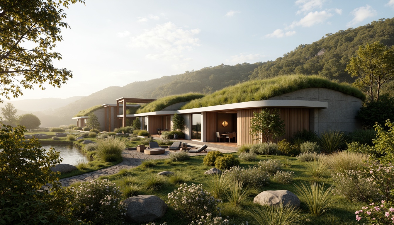 Prompt: Harmonious building facade, lush green roofs, verdant walls, natural stone cladding, wooden accents, large windows, sliding glass doors, minimalist design, seamless indoor-outdoor transition, organic architecture, curved lines, earthy color palette, serene atmosphere, soft warm lighting, shallow depth of field, 3/4 composition, panoramic view, realistic textures, ambient occlusion, surrounding landscape, rolling hills, meandering paths, native plant species, seasonal changes, misty morning, warm sunny day.