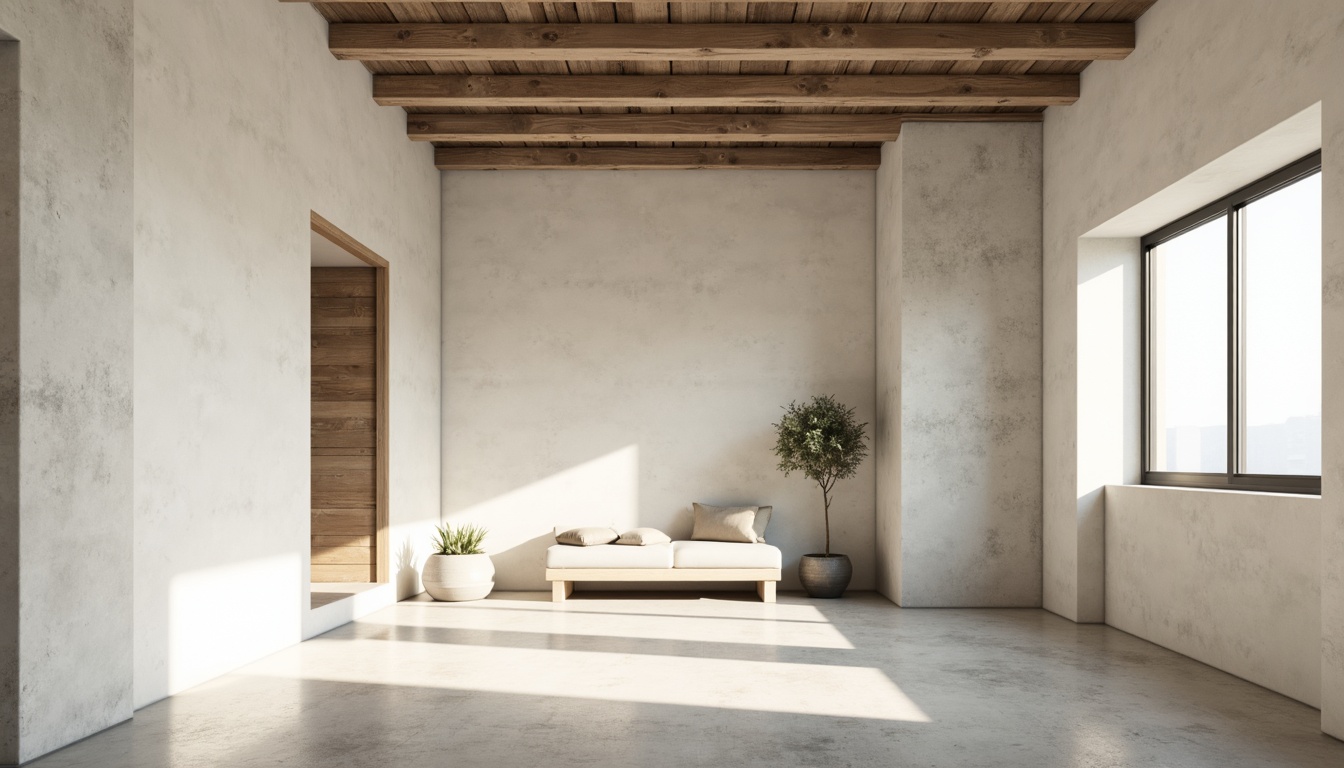 Prompt: Monochromatic minimalism, clean lines, simple shapes, neutral tones, soft whites, creamy beiges, pale grays, industrial materials, concrete walls, steel beams, wooden accents, natural textures, subtle patterns, ambient lighting, soft shadows, 1/1 composition, realistic renderings, atmospheric perspective.