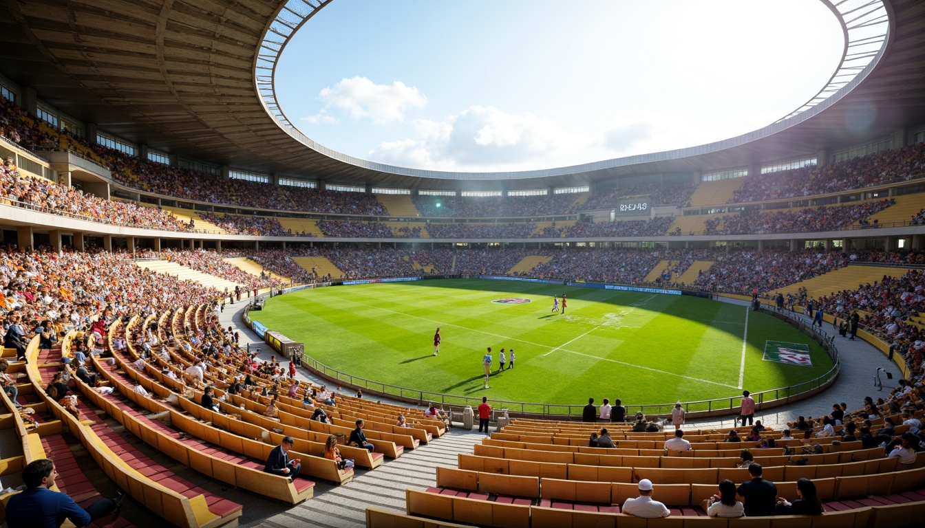 Prompt: Curved organic stadium design, lush green grass, natural stone seating areas, wooden benches, vibrant team colors, dynamic crowd atmosphere, sunny day, soft warm lighting, shallow depth of field, 3/4 composition, panoramic view, realistic textures, ambient occlusion, tiered seating arrangement, comfortable spectator experience, accessible concession stands, modern amenities, eco-friendly materials, innovative ventilation systems, shaded outdoor spaces.