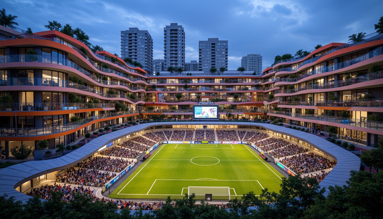 Prompt: Vibrant football stadium, social housing complex, curved lines, dynamic shapes, bold color schemes, metallic materials, LED lighting systems, cantilevered roofs, open-air balconies, communal green spaces, recreational facilities, community centers, public art installations, urban landscape integration, modern architecture, angular fa\u00e7ades, transparent glass walls, sleek steel beams, atmospheric evening lighting, shallow depth of field, 1/2 composition, realistic textures, ambient occlusion.