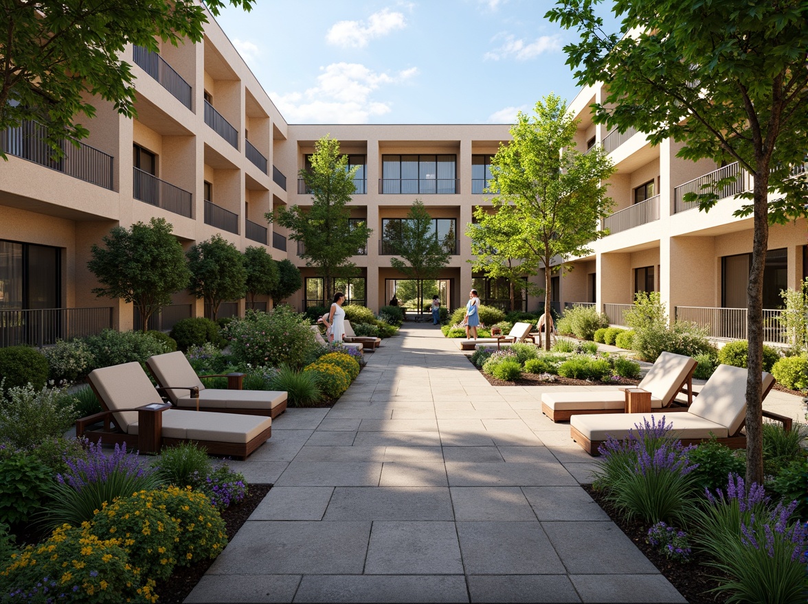 Prompt: Soothing hospital courtyard, lush greenery, vibrant flowers, natural stone walkways, water features, serene seating areas, calming ambiance, modern hospital architecture, large windows, glass doors, abundant natural light, warm color schemes, comfortable patient rooms, peaceful waiting areas, healing gardens, therapeutic outdoor spaces, accessible walking paths, wheelchair-friendly ramps, gentle slope landscaping, soft warm lighting, shallow depth of field, 3/4 composition, panoramic view, realistic textures, ambient occlusion.