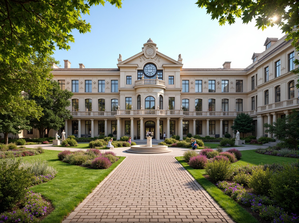 Prompt: Majestic high school building, Baroque architecture, ornate facades, grand entrance, symmetrical gardens, lush greenery, vibrant flowers, meandering pathways, decorative fountains, statues, benches, natural stone walkways, brick pavement, mature trees, sunny day, soft warm lighting, shallow depth of field, 3/4 composition, panoramic view, realistic textures, ambient occlusion.