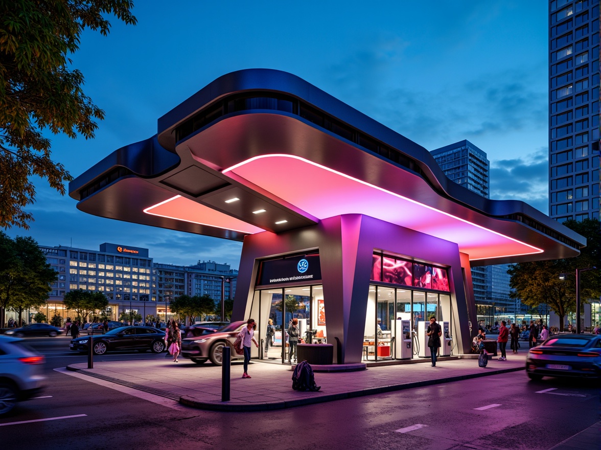 Prompt: Vibrant gas station, futuristic facade design, fusion architecture, curved lines, metallic materials, neon lights, LED signage, modern fuel pumps, sleek canopies, angular columns, cantilevered roofs, urban landscape, busy streets, cityscape background, dramatic nighttime lighting, shallow depth of field, 1/1 composition, realistic reflections, ambient occlusion.