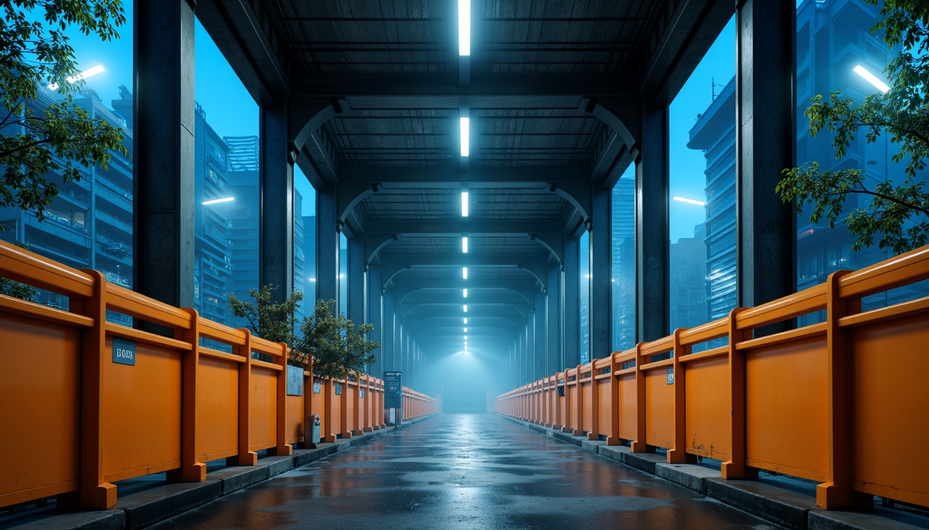 Prompt: Modern urban bridge, sleek metal structure, bold industrial colors, dark grey steel beams, bright orange accents, vibrant yellow safety rails, cool blue LED lighting, misty atmospheric effects, shallow depth of field, 1/1 composition, realistic metallic textures, ambient occlusion.