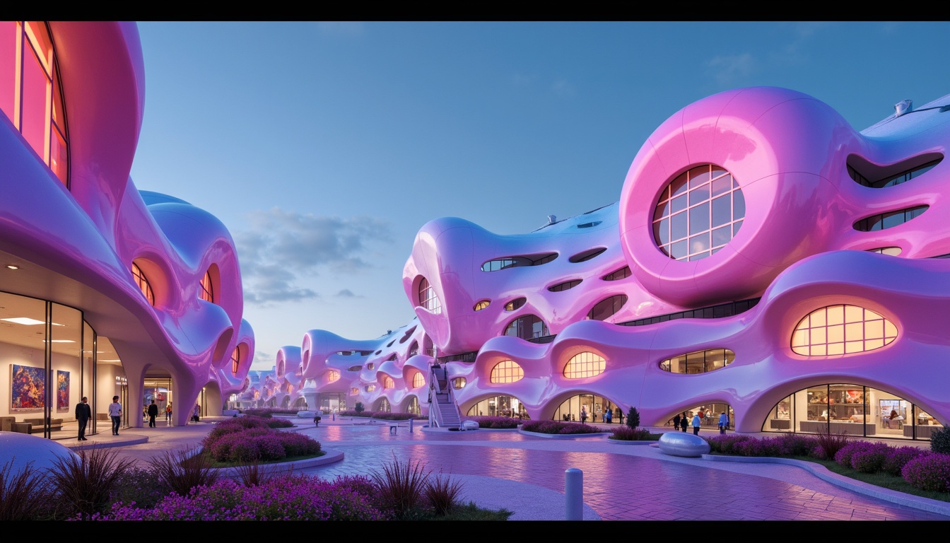 Prompt: Vibrant blob-shaped buildings, iridescent colors, neon lights, glowing accents, futuristic architecture, undulating curves, organic forms, soft pastel hues, bold bright contrasts, gradient effects, luminescent materials, translucent surfaces, shimmering textures, atmospheric mist, dreamy ambiance, surreal landscapes, 3/4 composition, wide-angle lens, cinematic lighting, high-contrast rendering.