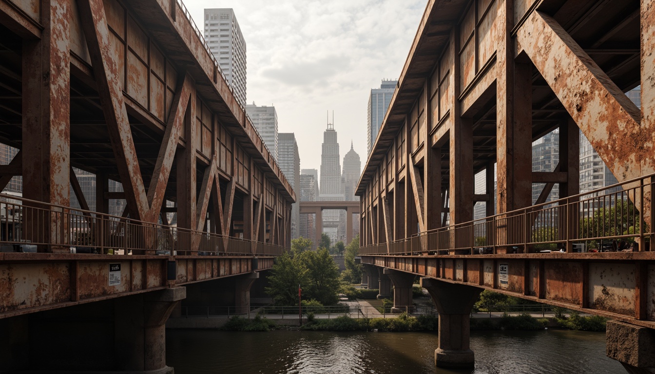 Prompt: Rust-resistant galvanized steel bridges, industrial architecture, metallic latticework, robust structural elements, weathered steel surfaces, urban cityscape, misty morning atmosphere, soft warm lighting, shallow depth of field, 1/2 composition, realistic textures, ambient occlusion.