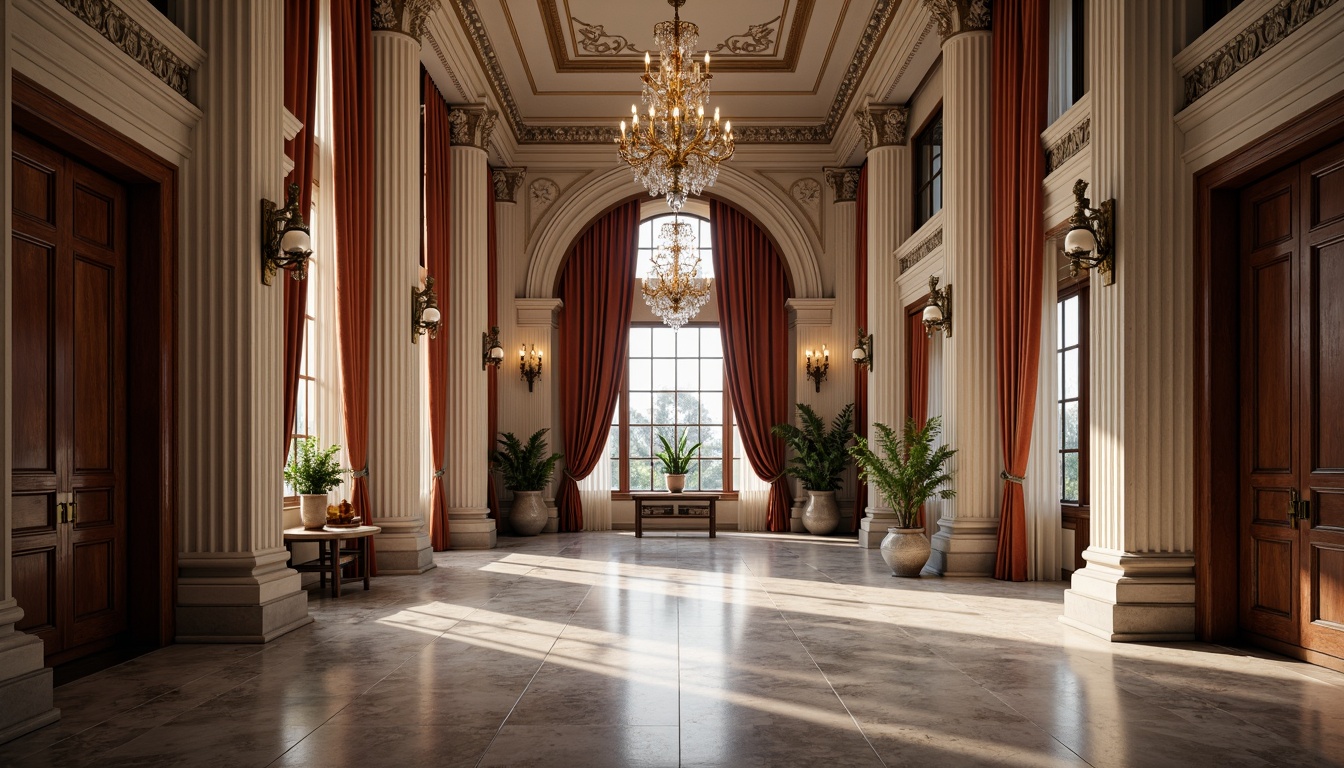 Prompt: Elegant neoclassical building, ornate stone carvings, smooth marble columns, intricate moldings, luxurious velvet drapes, rich wood paneling, polished bronze fixtures, crystal chandeliers, subtle gradient lighting, soft focus blur, 1/2 composition, symmetrical framing, realistic reflections, ambient occlusion.