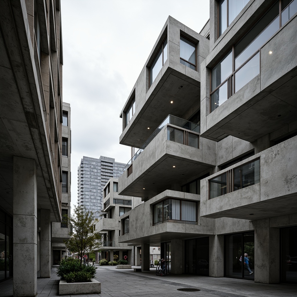 Prompt: Rugged brutalist architecture, exposed concrete surfaces, bold geometric forms, industrial materials, raw textures, urban cityscape, overcast sky, dramatic shadows, high-contrast lighting, abstract compositions, 1/2 format, low-angle shot, atmospheric perspective, weathered concrete walls, reinforced steel beams, cantilevered structures, modular construction, innovative formwork systems, complex geometric patterns, monochromatic color scheme, gritty urban atmosphere.